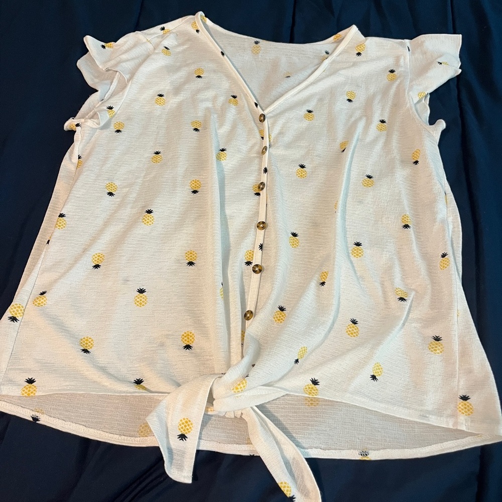 White Pineapple Print Button-Down Top